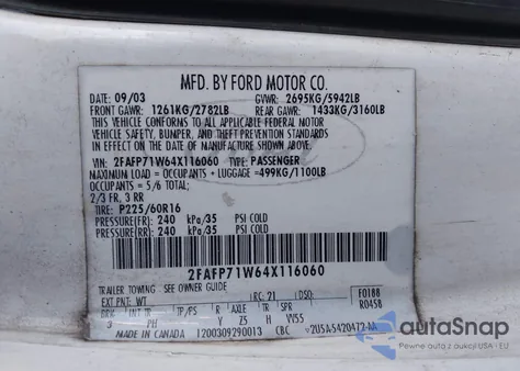 2004 Ford Crown Victoria Police z USA, uszkodzony, nr VIN 2FAFP71W64X116060